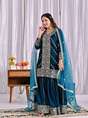 teal velvet embroidered sharara suit set