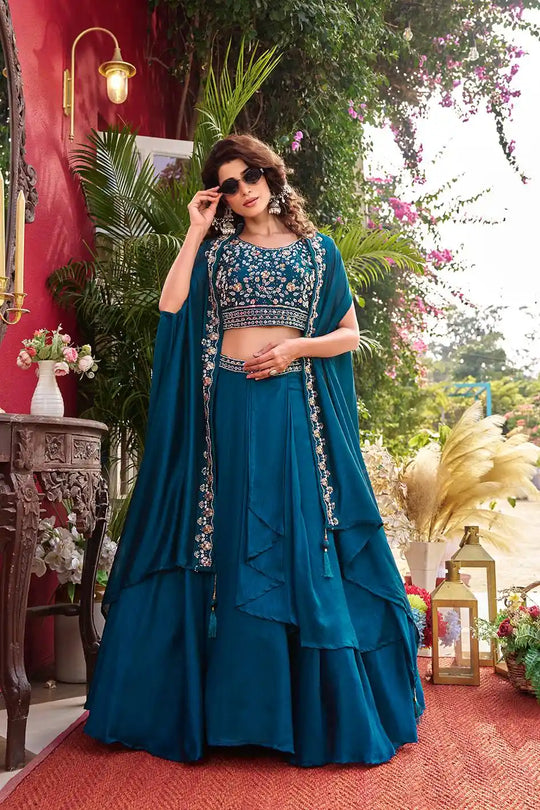 Navy Blue Pure Vichitra Silk Lehenga