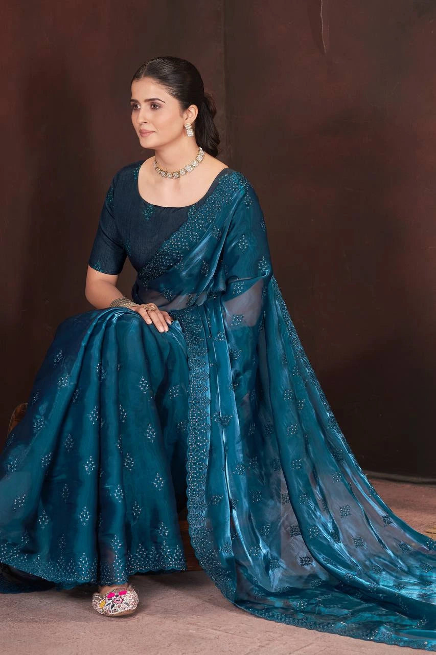 teal blue color jimmy choo saree