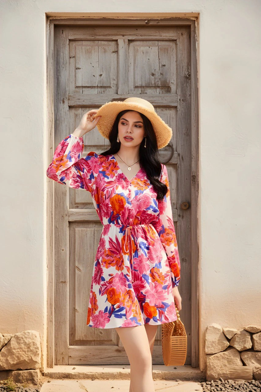 Woman in a colorful floral dress and straw hat standing in front of a wooden door.