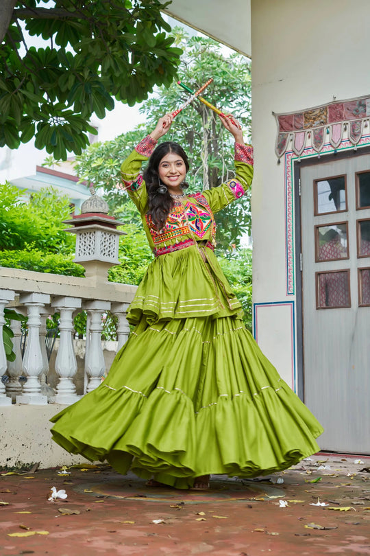 Middle Green Yellow Pure Cotton Lehenga