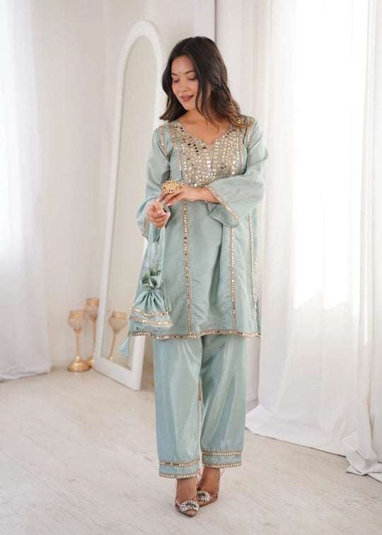 Sky Blue Heavy Organza Suit