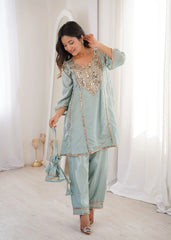 Sky Blue Heavy Organza Suit