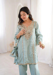 Sky Blue Heavy Organza Suit