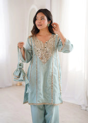 Sky Blue Heavy Organza Suit