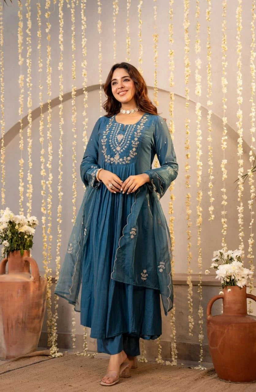 Dark Turquoise Chanderi Silk Kurti