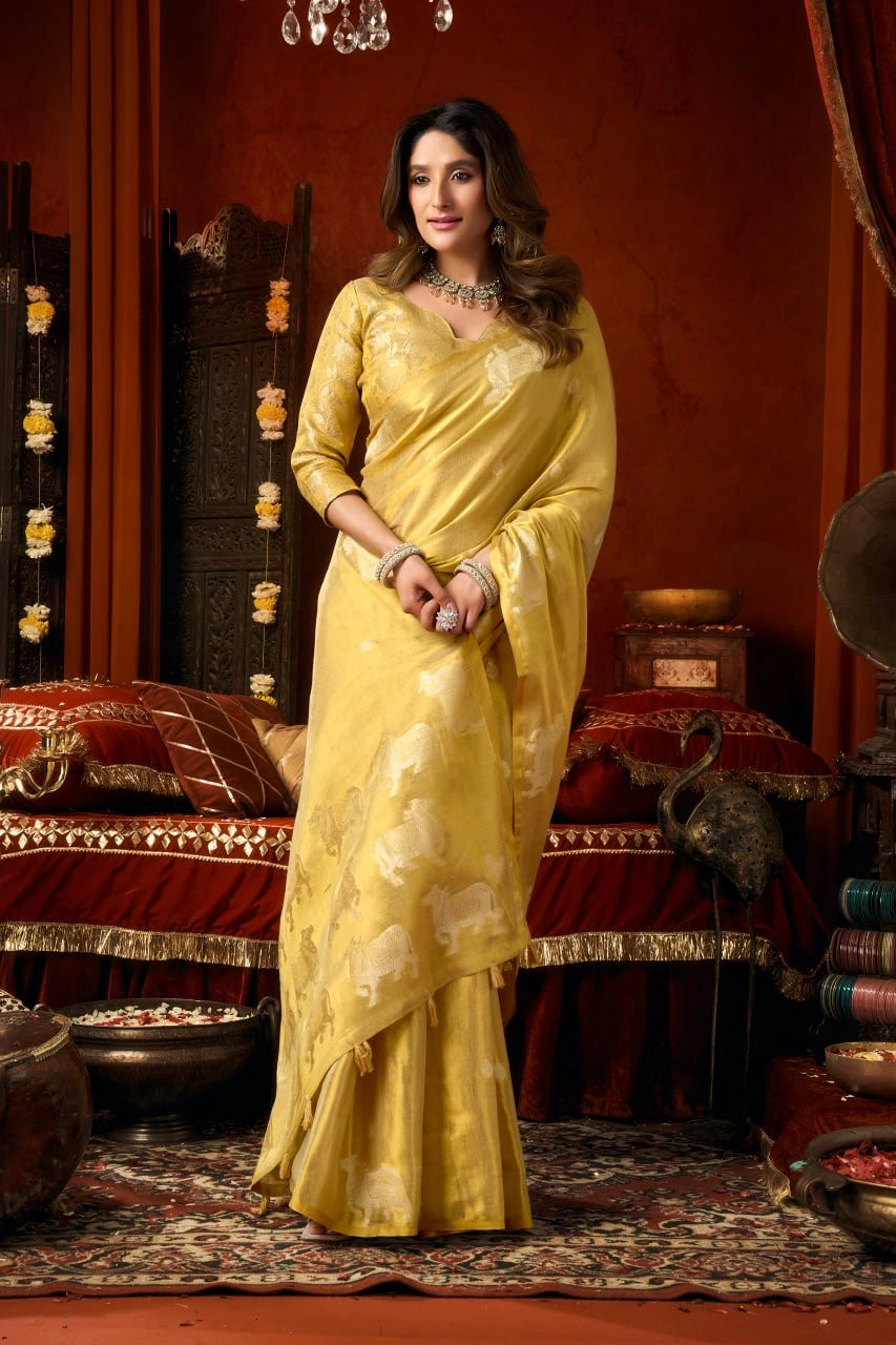 Mustard Yellow Heavy Tissue Saree Kalyanja Fashion