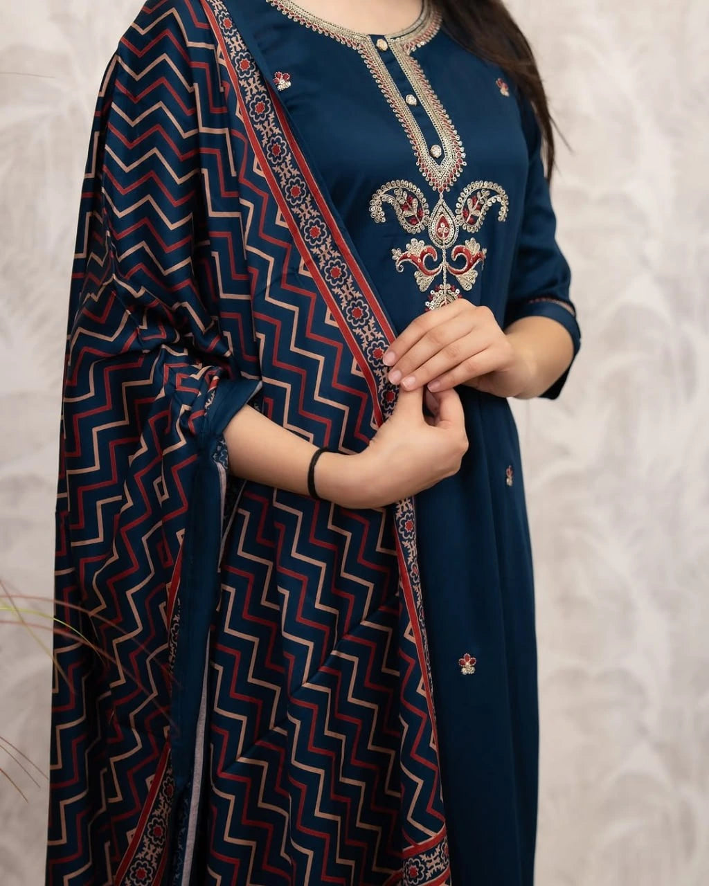 Navy Blue Chanderi Silk Kurti Kalyanja Fashion