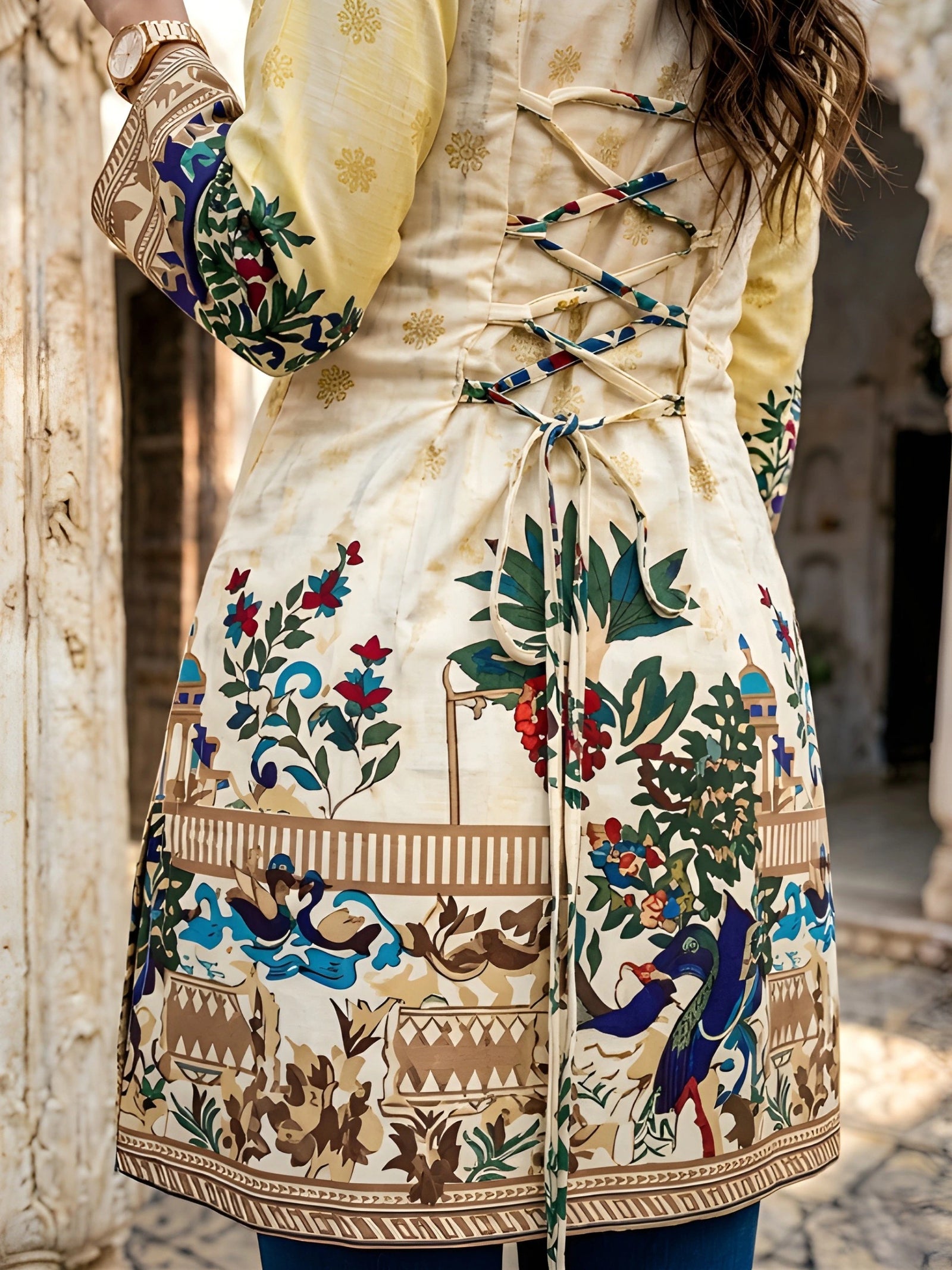 Close-up detail of dori tie-up back on yellow Kalamkari short kurti showing floral and elephant print on cotton fabric