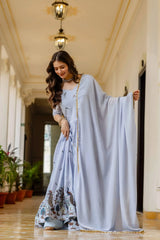 Powder Blue Embroidered Suit – Anarkali Cut with Peacock Border