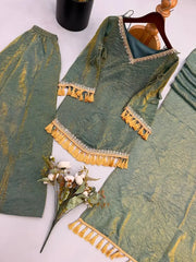 Green Mirror Work Suit – Cold Shoulder Bell Sleeves, Palazzo & Dupatta