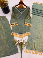 Green Mirror Work Suit – Cold Shoulder Bell Sleeves, Palazzo & Dupatta