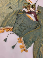 Green Mirror Work Suit – Cold Shoulder Bell Sleeves, Palazzo & Dupatta