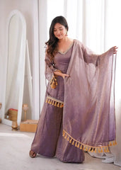 Lavender Mirror Work Suit – Cold Shoulder Bell Sleeves, Palazzo & Dupatta