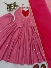Pink Sequins Embroidered Anarkali Suit – Pant Set with Dupatta