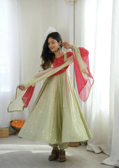 Light Pista Green Sequins Embroidered Anarkali Suit – Pant Set with Dupatta