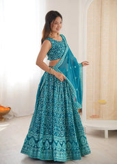 Light Sea Green Thread Embroidered Lehenga – Sequins Work, Faux Georgette, 3.5M Flair