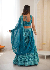 Light Sea Green Thread Embroidered Lehenga – Sequins Work, Faux Georgette, 3.5M Flair