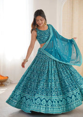 Light Sea Green Thread Embroidered Lehenga – Sequins Work, Faux Georgette, 3.5M Flair