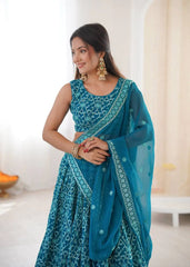 Light Sea Green Thread Embroidered Lehenga – Sequins Work, Faux Georgette, 3.5M Flair