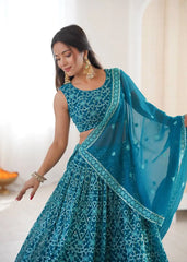 Light Sea Green Thread Embroidered Lehenga – Sequins Work, Faux Georgette, 3.5M Flair