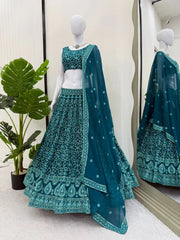Light Sea Green Thread Embroidered Lehenga – Sequins Work, Faux Georgette, 3.5M Flair