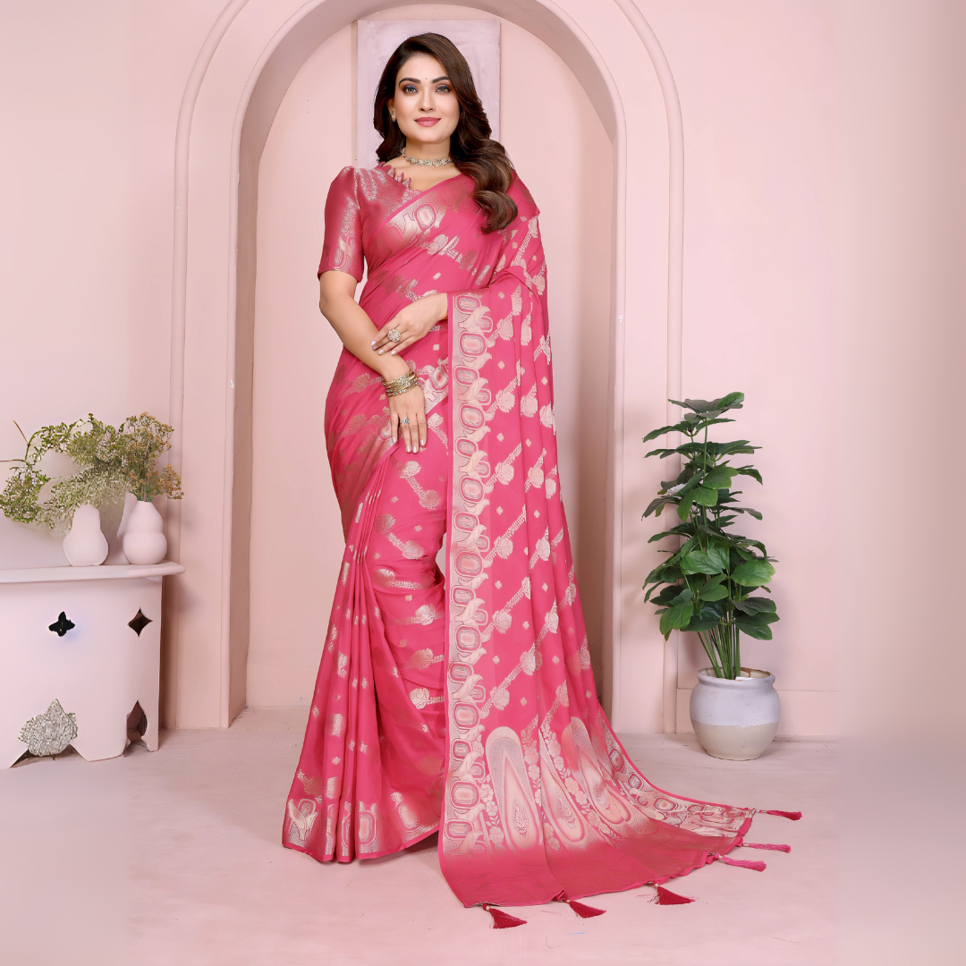 Pink Zari Weaving Soft Georgette Banarasi Silk Saree