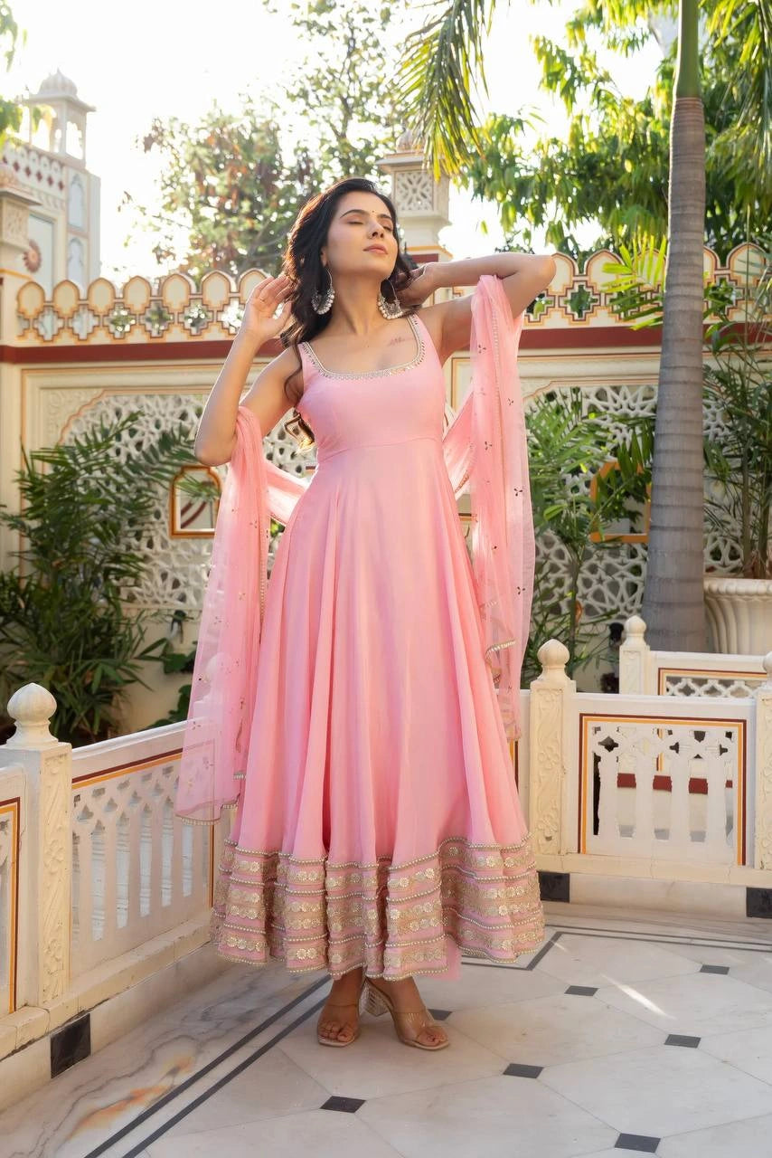 Pink Coding Dori Anarkali Suit full-length dramatic arms-up model – Kalyanja KU295