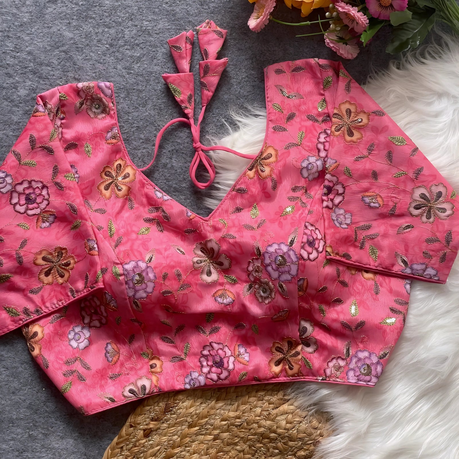 Pink floral embroidered padded blouse with multicolor threadwork flowers and back tie detail, displayed on a grey surface with artificial flowers and white fur in the background.