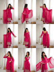 Pink Heavy Beads Sequins Suit KU254 collage all views front back side detail