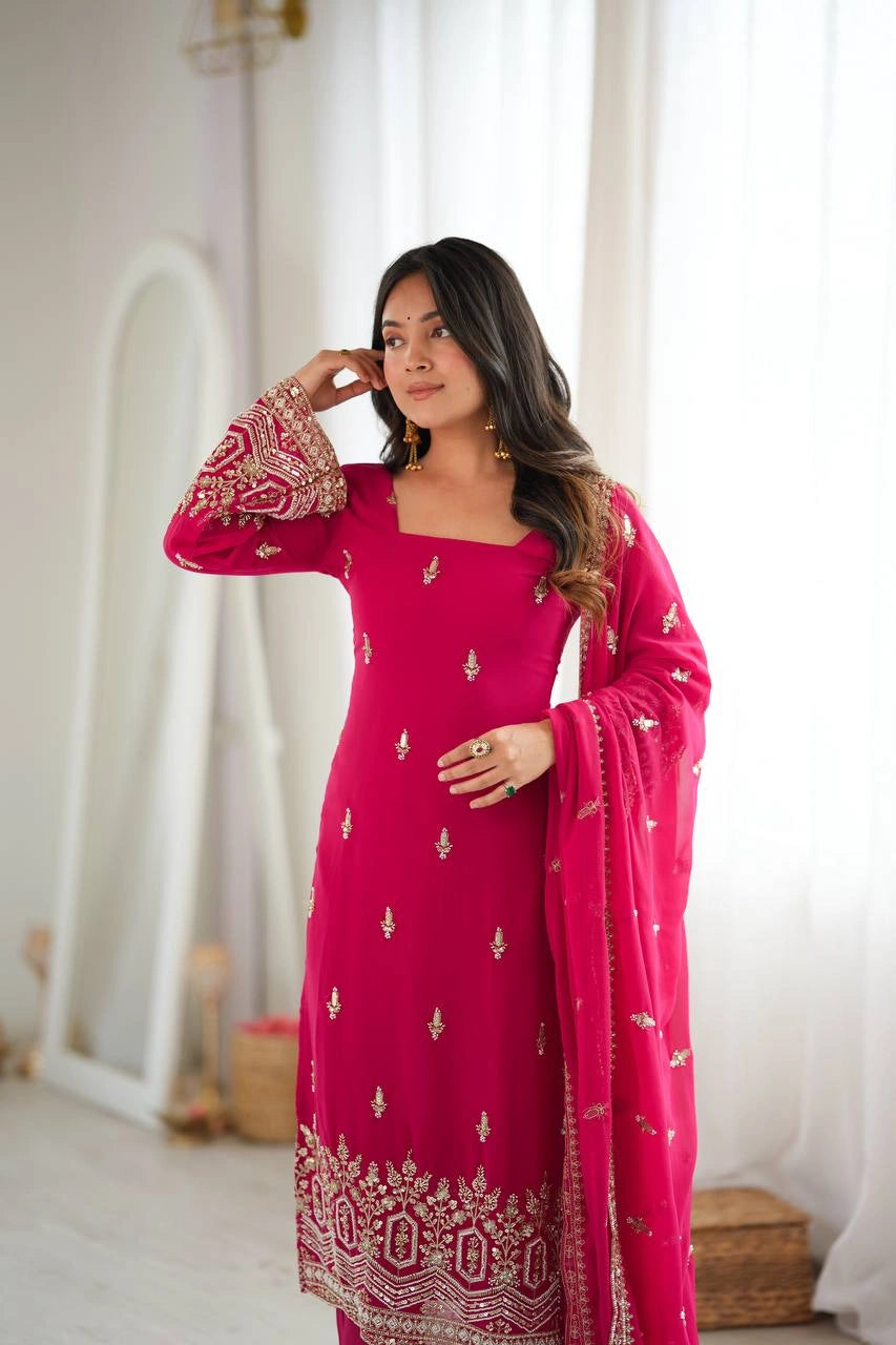 Pink Sequins Suit three quarter view showing square neckline and cuff embroidery