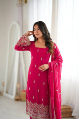 Pink Sequins Suit three quarter view showing square neckline and cuff embroidery