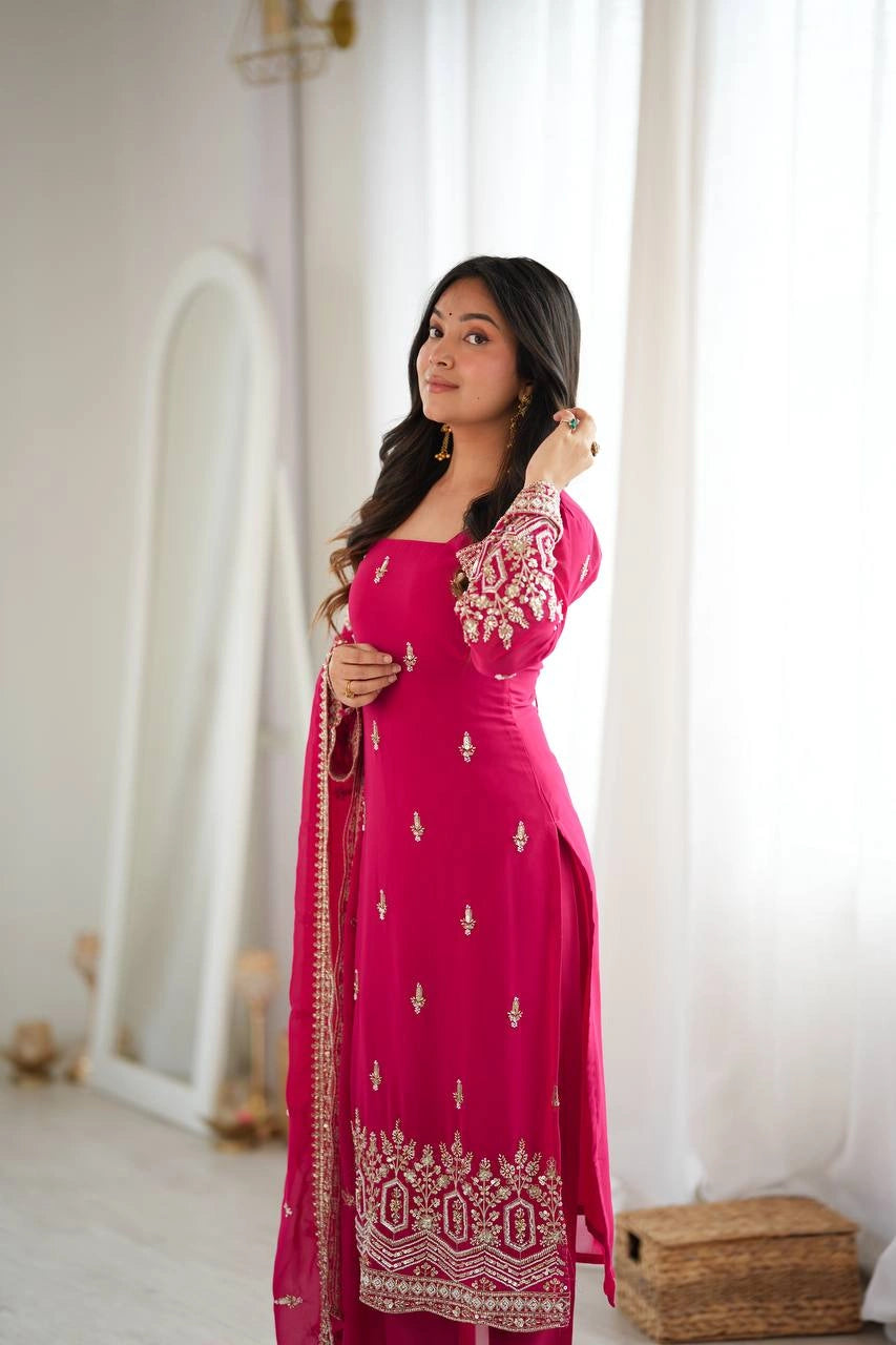 Pink Sequins Suit close up showing heavy beads embroidery on cuffs and hem