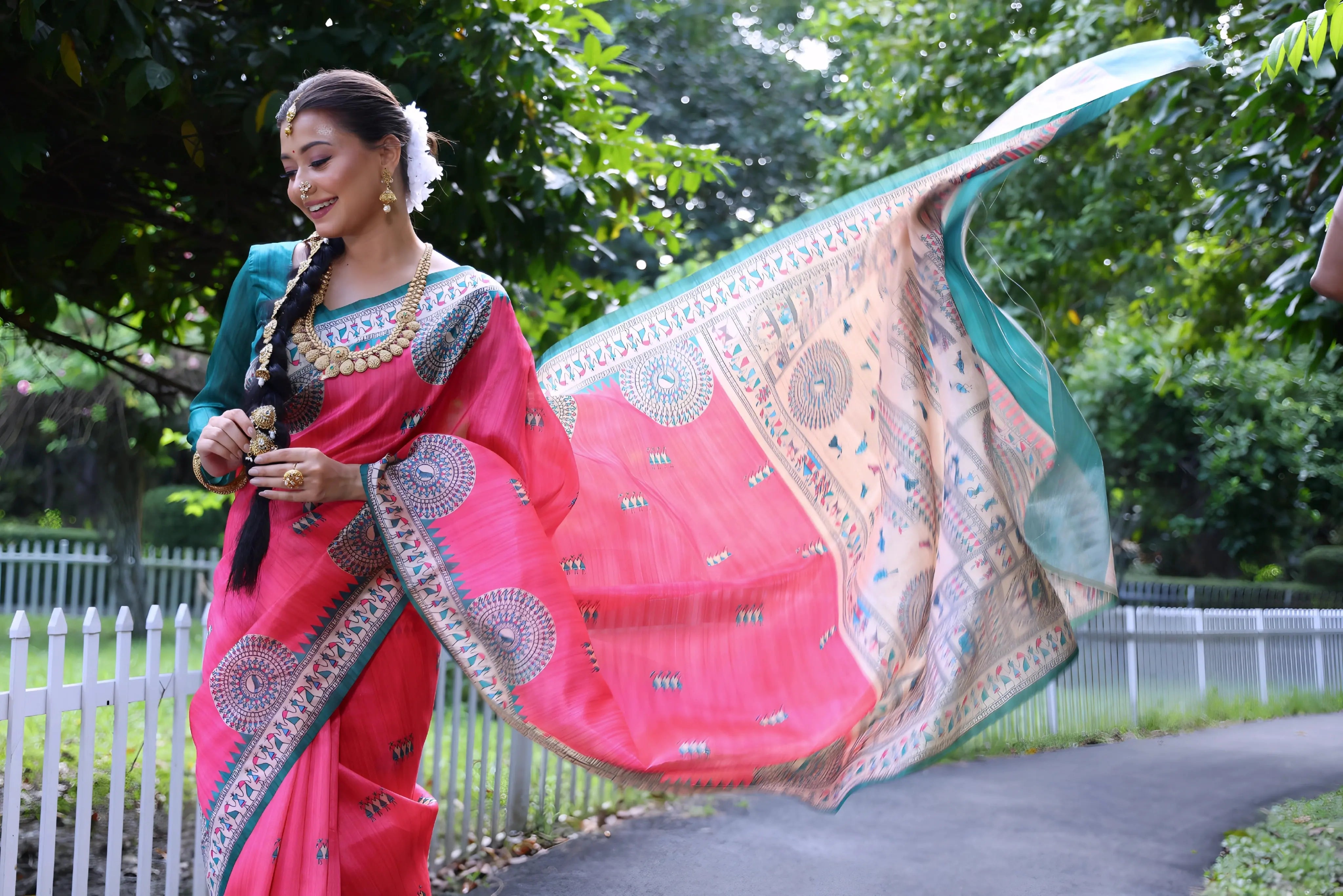 Dark Pink Soft Tussar Silk Madhubani Print Saree