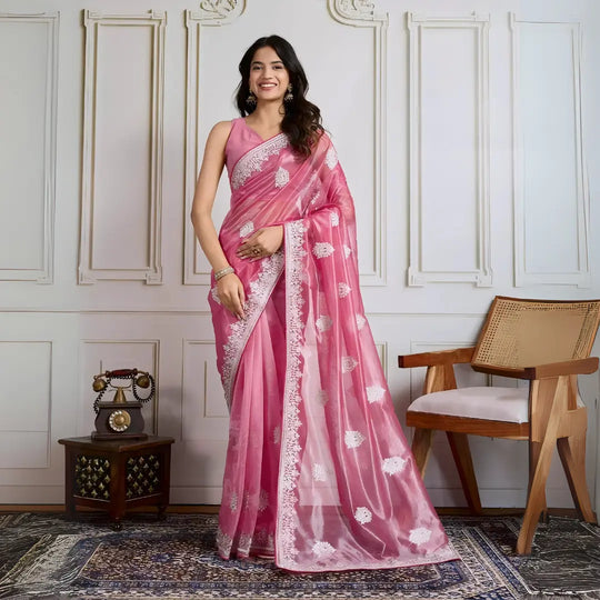 Pink C-Pallu Embroidery with Sequins Work Twill Net Saree
