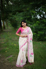 Pink Resham Weaving Soft Muga Cotton Saree - kalyanja