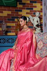 Pink Zari Work Soft Tussar Silk Saree - kalyanja