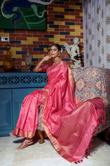 Pink Zari Work Soft Tussar Silk Saree - kalyanja