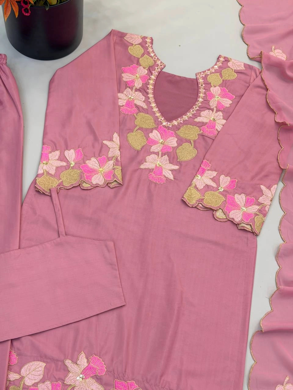 Pink Embroidered Palazzo Suit flat lay or detail shot 11 – Kalyanja KU301