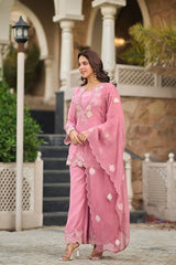 Pink Embroidered Palazzo Suit side angle full-length outdoor – Kalyanja KU301