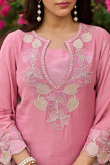 Pink Embroidered Suit close-up neckline floral sequins panel detail – Kalyanja KU301