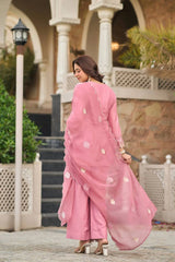 Pink Sequins Embroidered Palazzo Suit back view outdoor – Kalyanja KU301