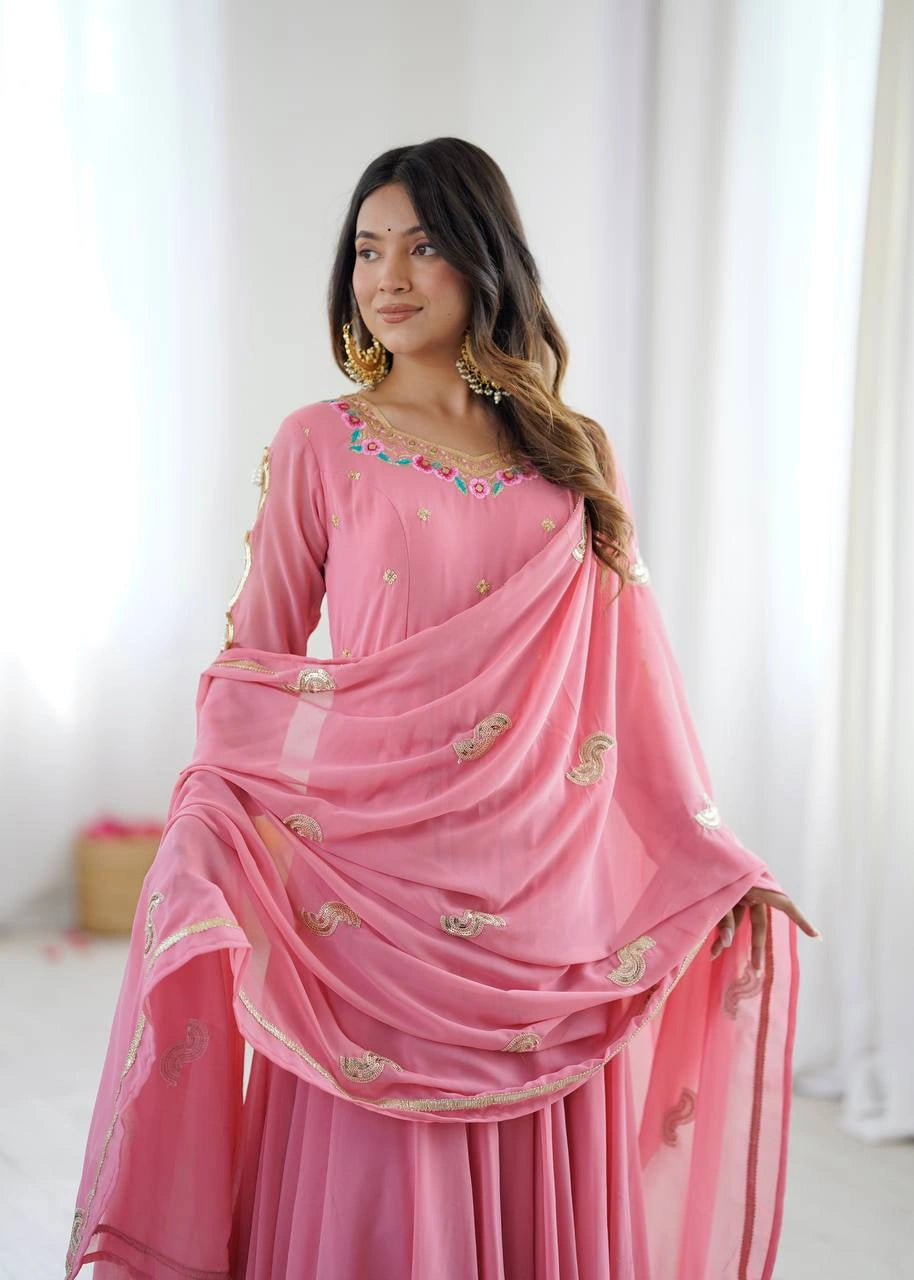 Pink Anarkali Suit model close-up embroidery sequins work KU268