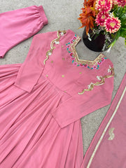 Pink Faux Georgette Suit flatlay overhead full set KU268