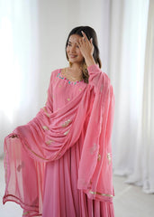 Pink Sequins Embroidered Suit model sitting pose dupatta KU268