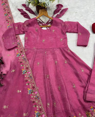 Pink Sequins Thread Embroidered Suit Pant Dupatta KU255 flat lay complete set