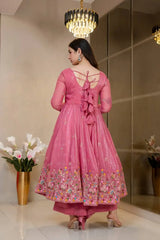 Pink Sequins Embroidered Suit KU255 model posed straight pant visible