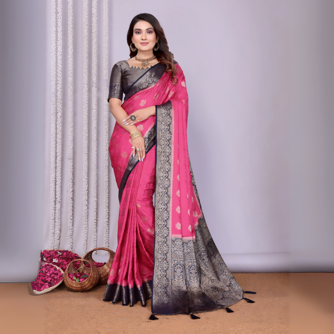Pink, Black Zari Weaving Satin Silk Saree