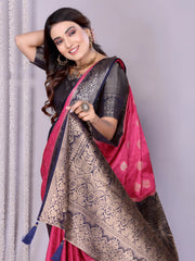 Pink, Black Zari Weaving Satin Silk Saree