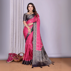 Pink, Black Zari Weaving Satin Silk Saree